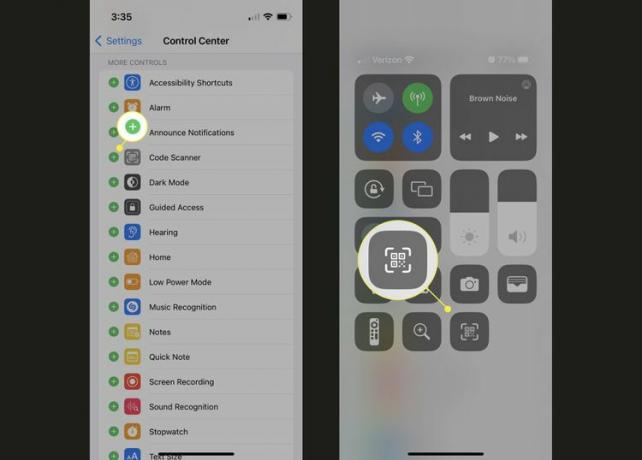 iOS コントロール センターに QR コード スキャナを追加するには、緑色のプラス ボタンが強調表示されます (写真も参照)。