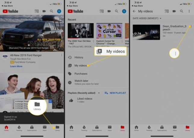 Bibliotheekknop, pictogram Mijn video's, menu met drie stippen op YouTube mobiel
