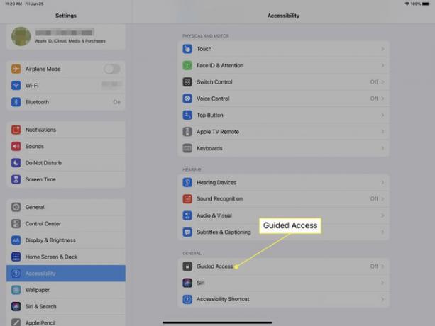 إعدادات iPad Accessibilty مع تحديد Guided Access