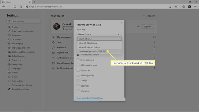Seleccionar desde dónde importar favoritos en Edge.