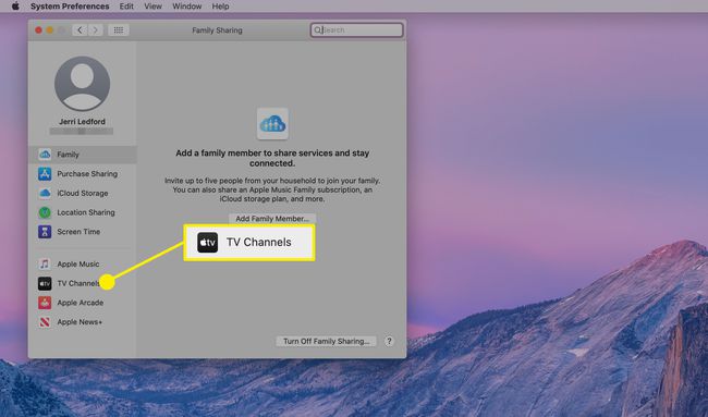 macOSのファミリーシェアリングでのTVチャンネルの場所。