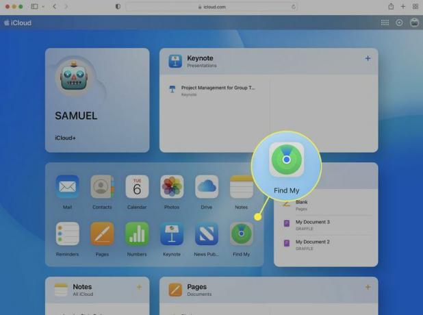 나의 찾기 아이콘이 강조 표시된 iCloud 대시보드.