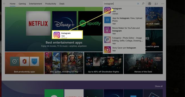 Søger efter Instagram i Microsoft Store