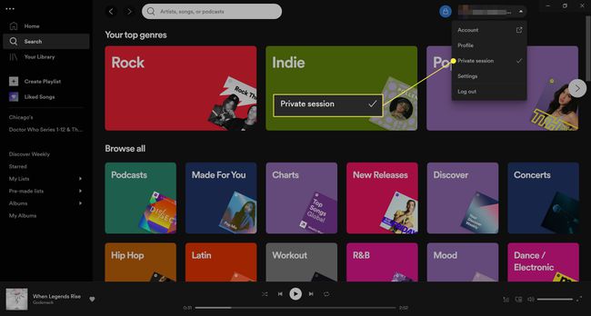 Wybór sesji prywatnej w Spotify.