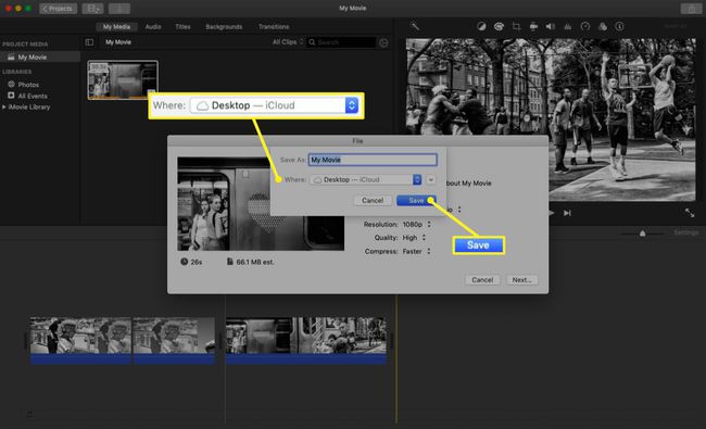 Eksport pliku iMovie z podświetlonymi opcjami eksportu.