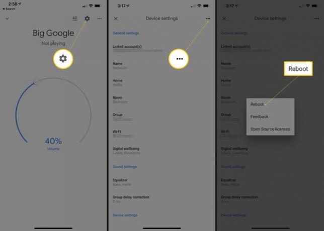 Három iOS képernyő a Google Home alkalmazásban, amelyen a fogaskerék ikon, a három vízszintes pont menüje és az Újraindítás lehetőség látható