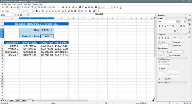 Cellen geselecteerd om de letterkleur in OpenOffice Calc te wijzigen.