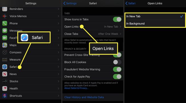 Safari、Open Links、および強調表示されたオプションを備えたiPhoneの設定