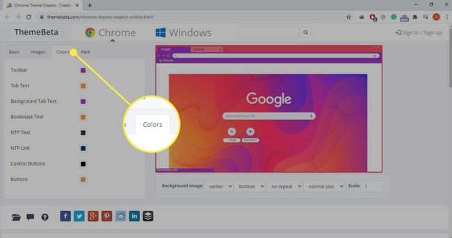 La pestaña Colores en Chrome Theme Creator