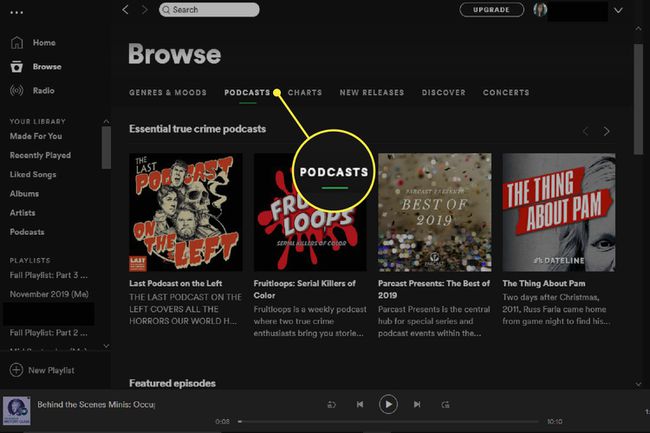 หน้า Podcasts ใต้หน้าต่าง Browse ใน Spotify สำหรับ Windows