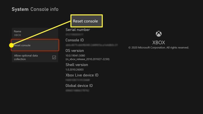 Uma captura de tela das informações do console do sistema no Xbox Series XS.