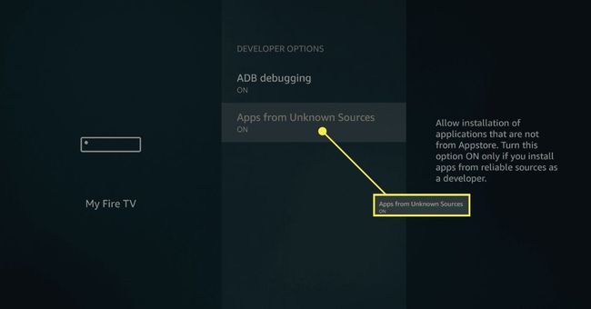 ตัวเลือกนักพัฒนา Fire TV ที่เปิดใช้งานไซด์โหลด
