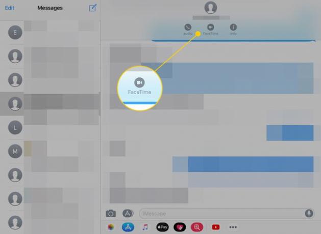 FaceTime 아이콘이 강조 표시된 iPad의 메시지