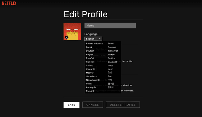 Ecran Netflix Edit Profile cu opțiuni de limbă