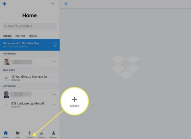 لقطة شاشة لتطبيق Dropbox مع تمييز الزر " إنشاء"