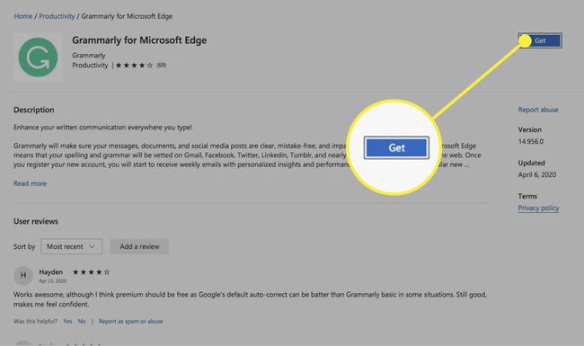 Una página de extensión para Edge con el botón Obtener resaltado