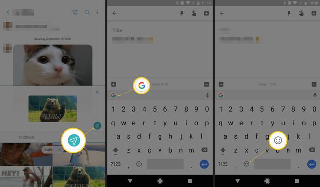 키보드에 보내기 버튼, Gboard 아이콘 및 이모티콘 아이콘이 표시된 3개의 Android 화면
