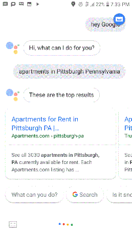 Google 어시스턴트 아파트 찾기 앱의 스크린샷