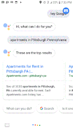 zrzut ekranu aplikacji Google Assistant do wyszukiwania mieszkania.