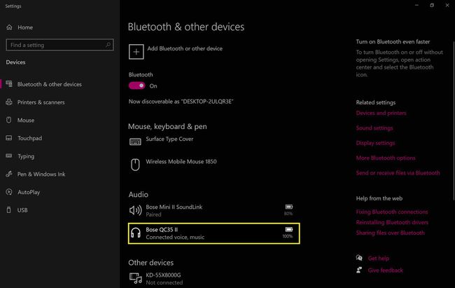 Windows 10에서 연결된 Bluetooth 장치 목록.