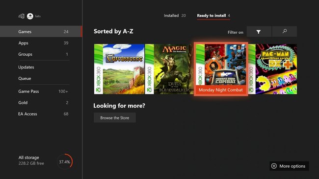 Posnetek zaslona namestitvenega menija iger Xbox Ones.