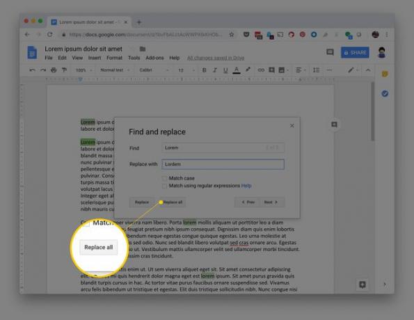 Botão Substituir tudo no Google Docs