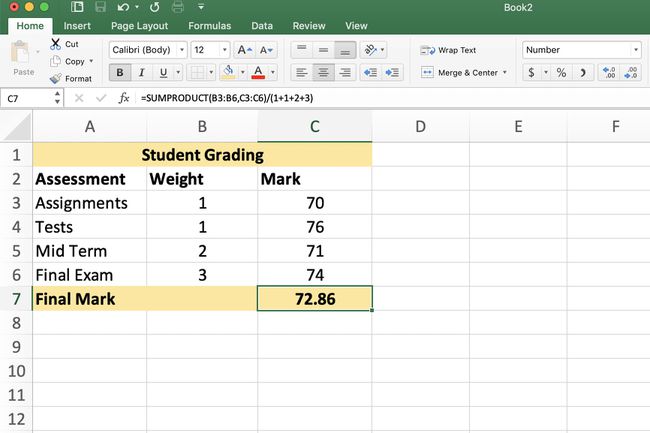 Excel zeigt ein Beispiel für Wiegegrade