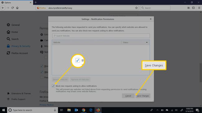 Bloquear nuevas solicitudes y guardar botones de cambios en Firefox