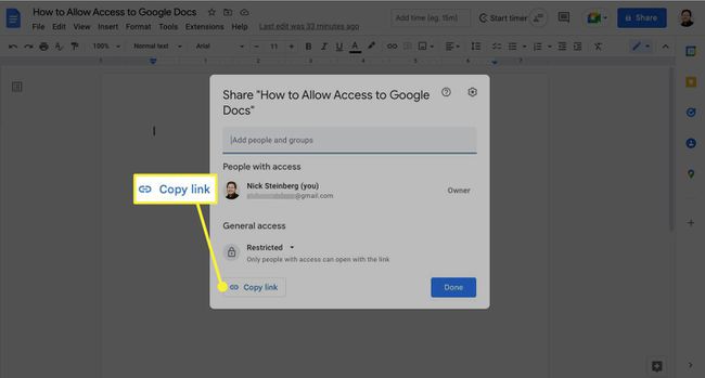 คัดลอกลิงก์ในการตั้งค่าการแชร์ของ Google เอกสาร