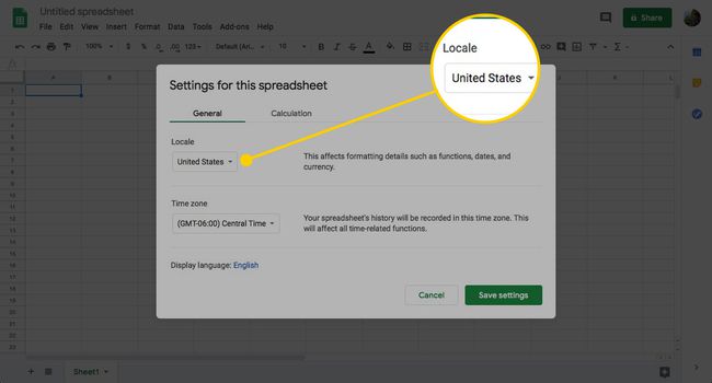 Janela de configurações da planilha no Planilhas Google com a caixa Local realçada
