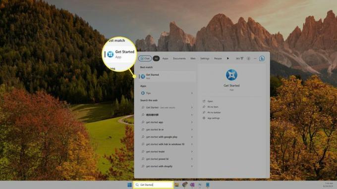 Windows 11 검색 결과에서 강조 표시된 시작하기 앱.