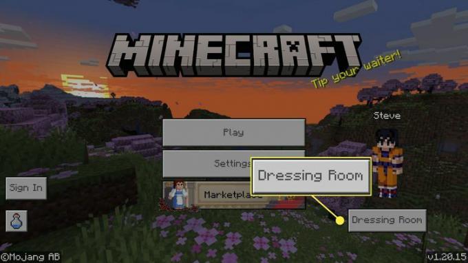 Minecraft ホーム画面で強調表示された更衣室ボタン。