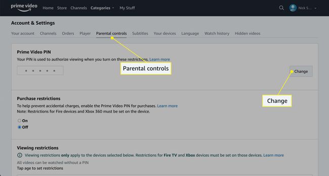デスクトップのPrimeVideoPINを変更するには、ペアレンタルコントロールと[変更]ボタンが強調表示されます。