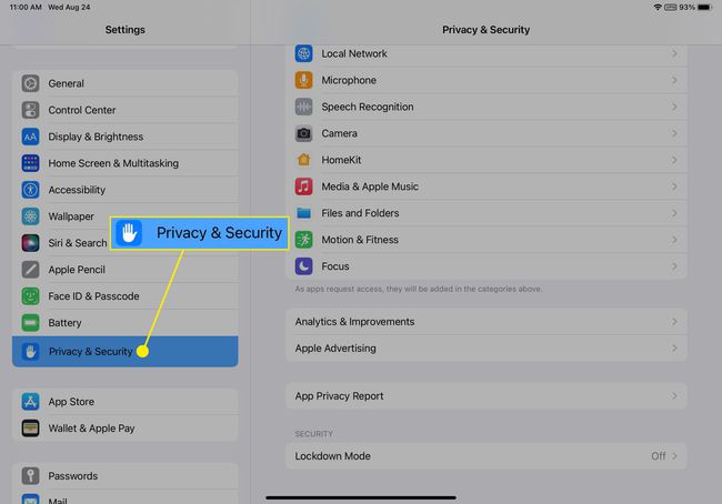 iPad 개인 정보 설정의 개인 정보 및 설정
