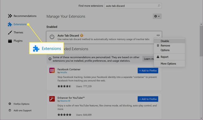 El encabezado Extensiones en Firefox