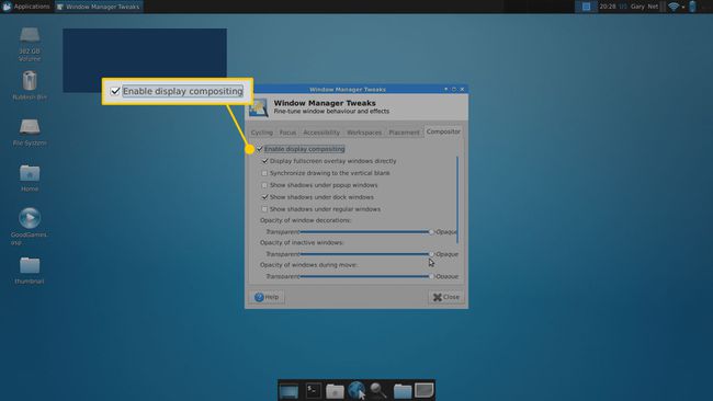 Schakel de optie voor weergavecompositie in Window Manager Tweaks in