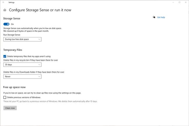 Capture d'écran de la configuration de Storage Sense