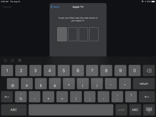 Apple TV Remote -sovelluksen numeron syöttönäyttö laiteparin muodostamista varten