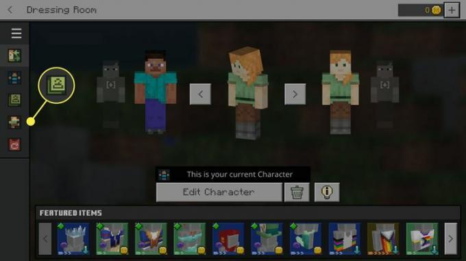 クラシック スキン ボタン (緑色のコート ハンガー) が Minecraft Dressing Room メニューで強調表示されています。