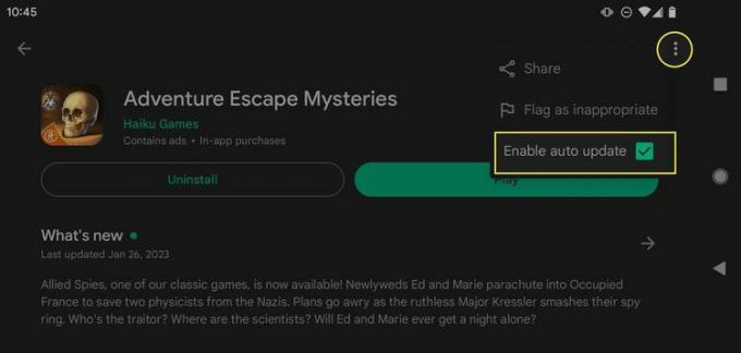 Comutatorul de actualizare automată evidențiat pentru jocul Adventure Escape Mysteries pe un telefon Android.