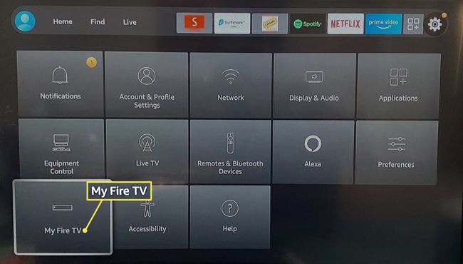 Saját Fire TV kiemelve a Fire TV beállítások menüben