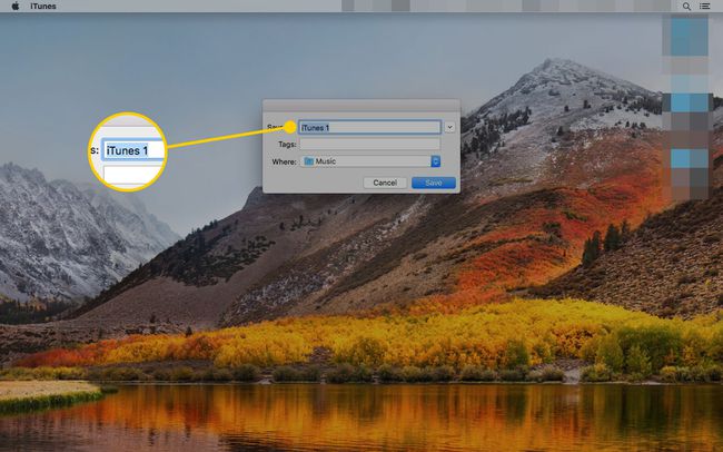 Nowe okno dialogowe biblioteki iTunes z podświetlonym polem Zapisz jako