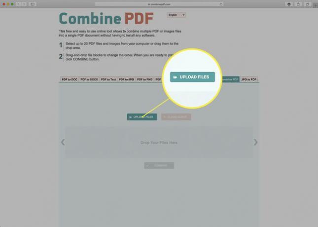 Snimka zaslona web stranice Combine PDF.