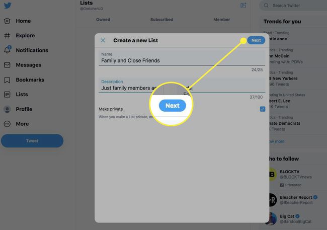 Окно «Создать новый список» в Twitter с выделенной кнопкой «Далее».