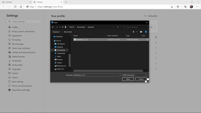 Seleccionar un archivo de respaldo favorito en Microsoft Edge.