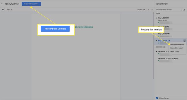 Google Doc with Restore เวอร์ชันนี้ถูกเน้นในสองแห่ง