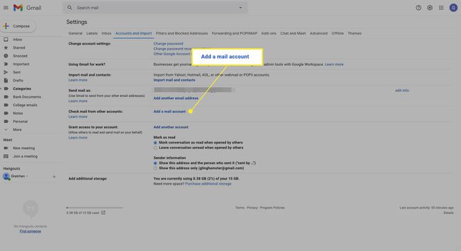 Configurações da conta do Gmail com " Adicionar uma conta de e-mail" destacado