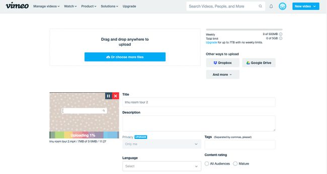 Bildschirm zum Hochladen von Vimeo-Videos.