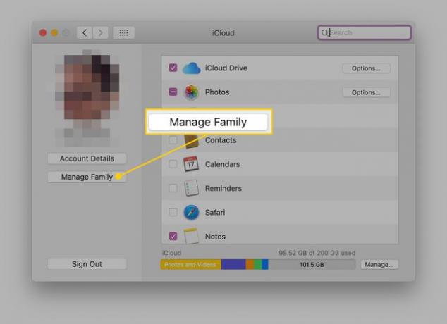 Przycisk Zarządzaj rodziną w Preferencjach systemowych iCloud