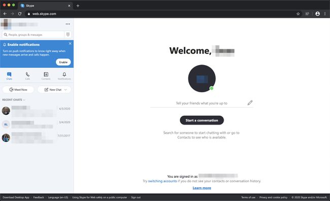 Ένα στιγμιότυπο οθόνης της έκδοσης ιστού του Skype στο Chrome